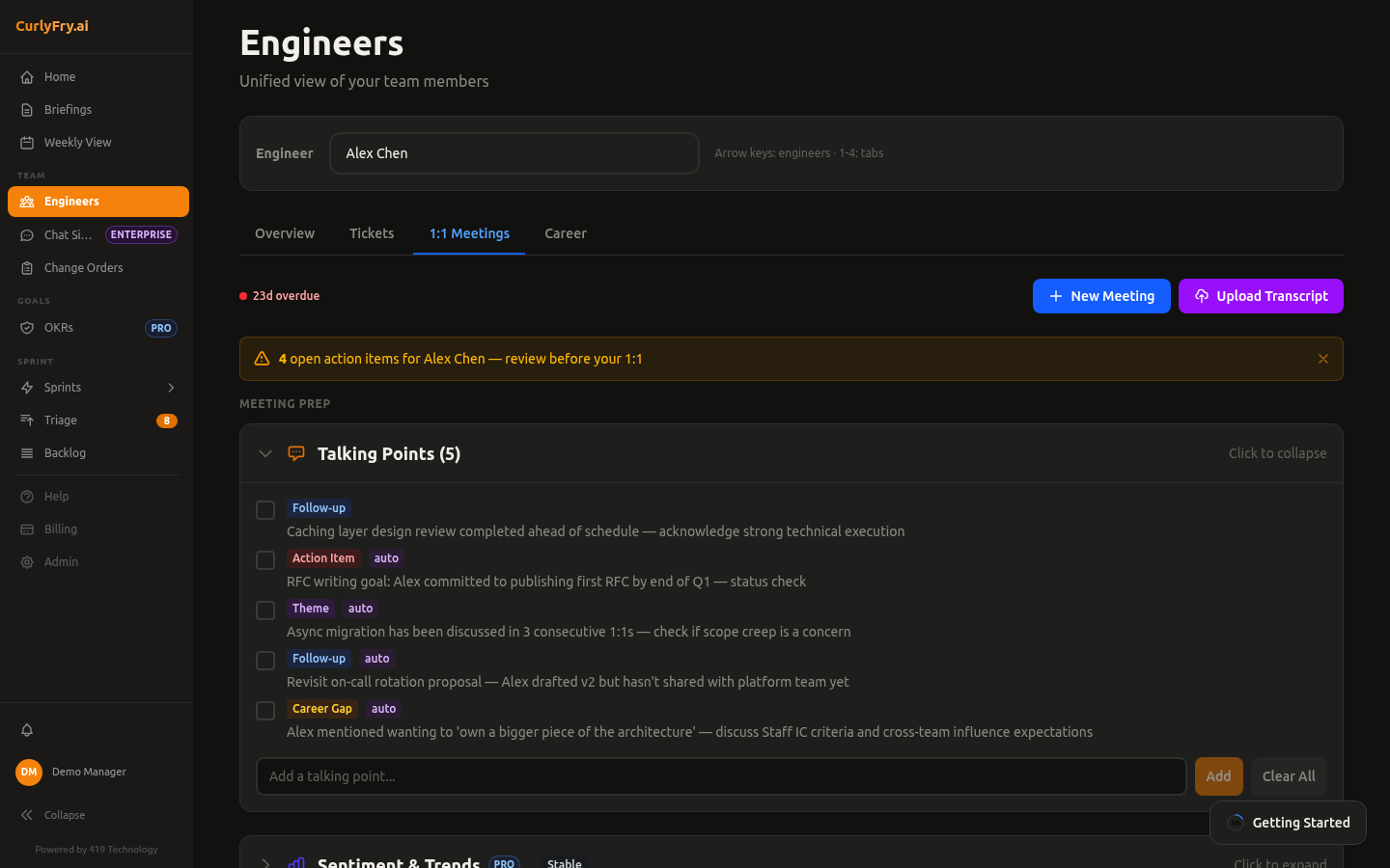 1:1 meeting prep with AI-generated talking points