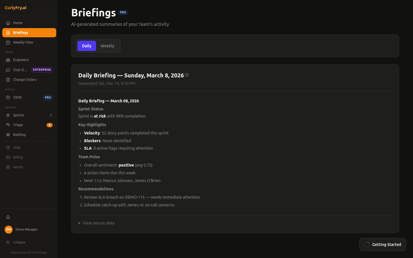 Morning briefing with sprint status and action items