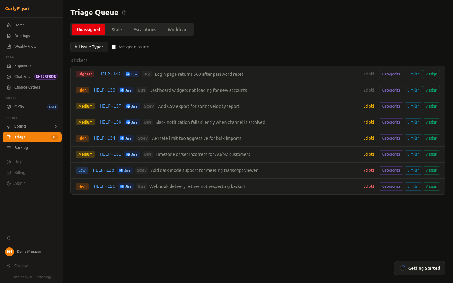 Triage queue with priority badges and AI assignment
